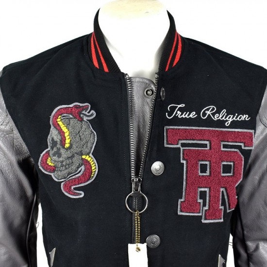 True Religion $499 Collegiate Logo Patch Varsity Leather Jacket