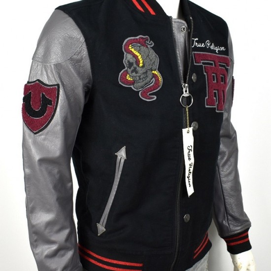 True Religion $499 Collegiate Logo Patch Varsity Leather Jacket