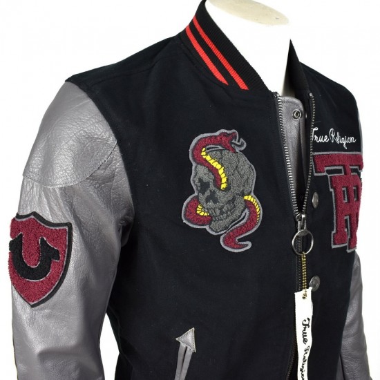 True Religion $499 Collegiate Logo Patch Varsity Leather Jacket