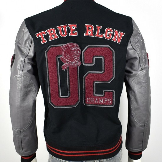 True Religion $499 Collegiate Logo Patch Varsity Leather Jacket