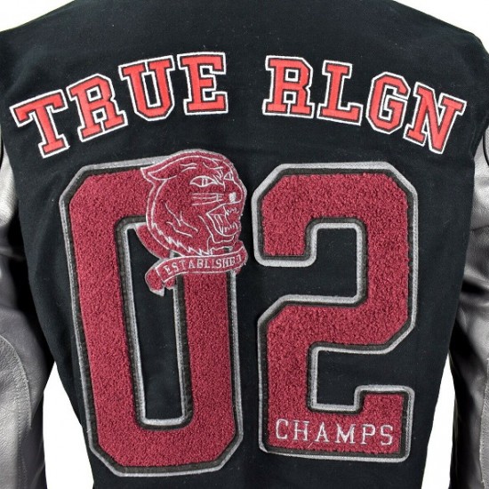 True Religion $499 Collegiate Logo Patch Varsity Leather Jacket