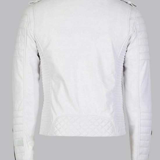 White Leather Biker Jacket Mens Double Breast Style