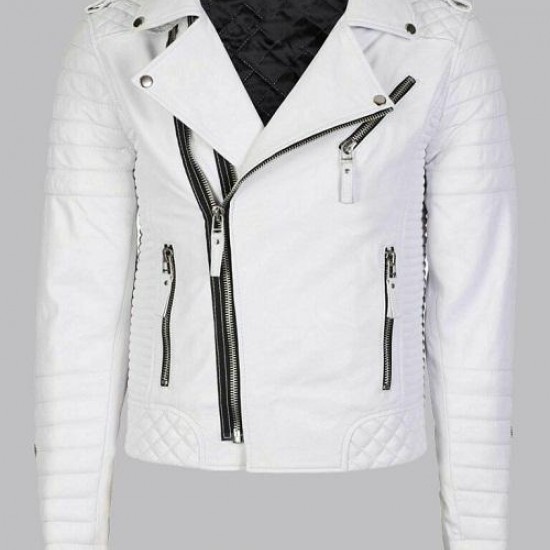 White Leather Biker Jacket Mens Double Breast Style