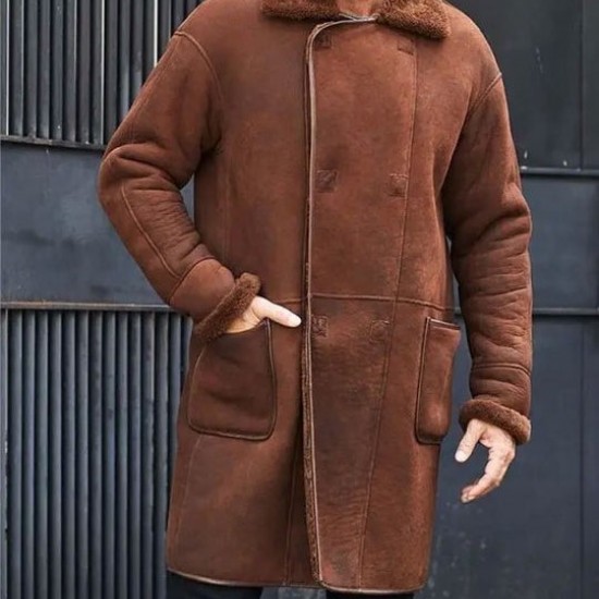 Winter Brown Fur Leather Long Trench Overcoat