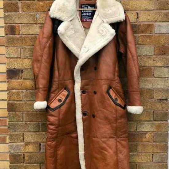 Women Winter Long Coat Real Sheepskin Leather Fur Vintage Brown Overcoat