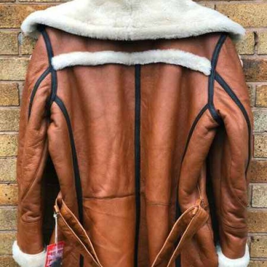 Women Winter Long Coat Real Sheepskin Leather Fur Vintage Brown Overcoat