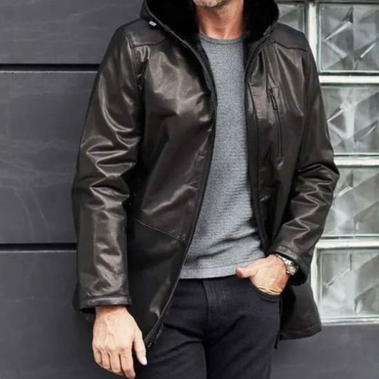 Winter Outwear Long Black Leather Jacket