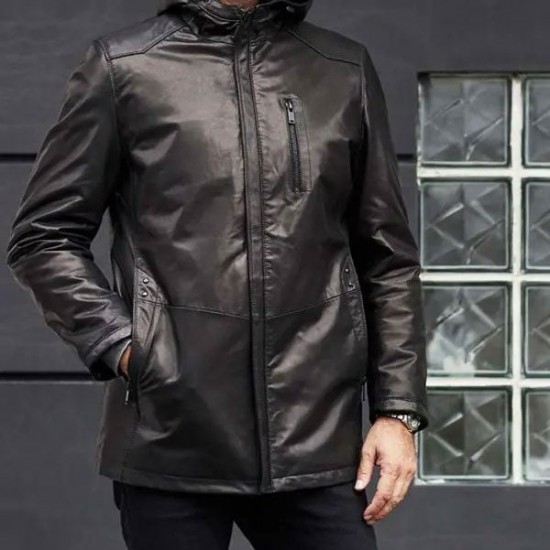 Winter Outwear Long Black Leather Jacket