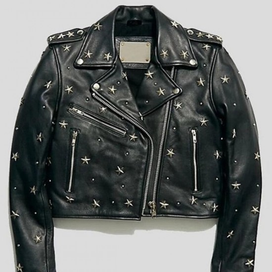 Women Black Biker Style Handmade Star Studs Leather Jacket