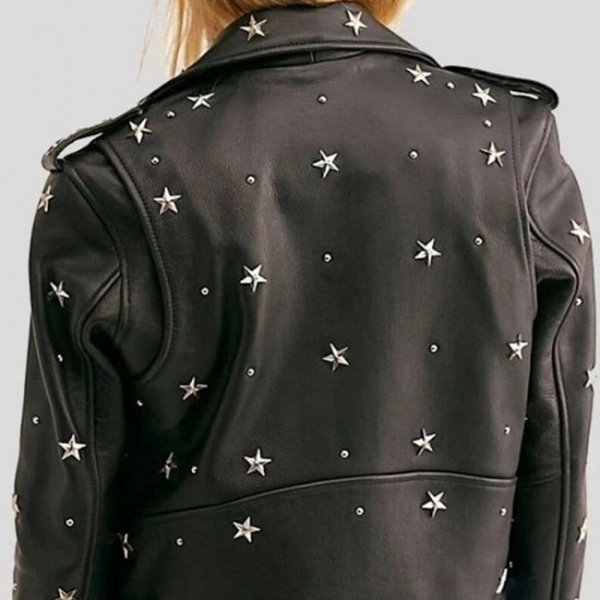 Women Black Biker Style Handmade Star Studs Leather Jacket