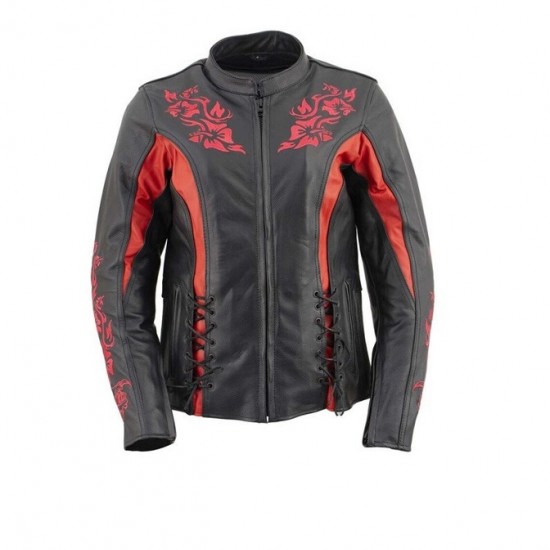 Women Black Motorcycle Cowhide Embroidered Leather Jacket