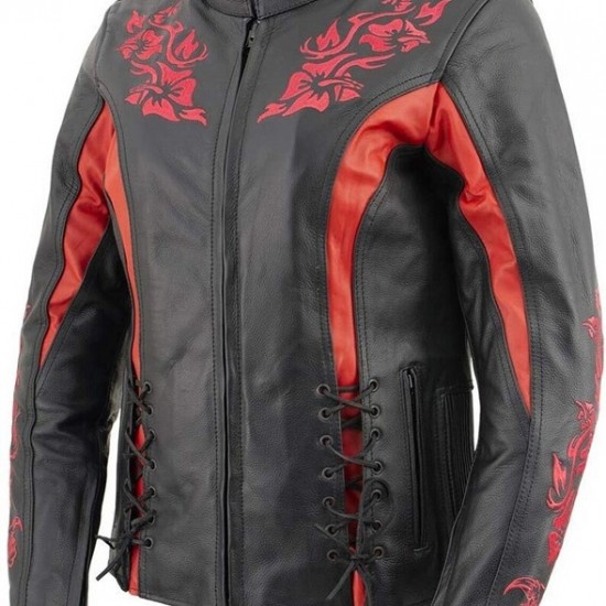 Women Black Motorcycle Cowhide Embroidered Leather Jacket