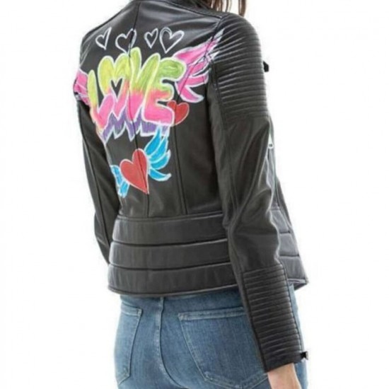 Women Black Motorcycle Love Print Biker Leather Jacket