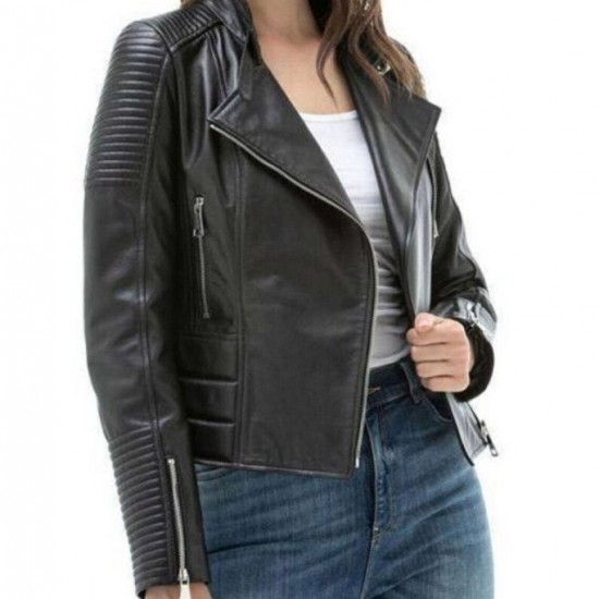 Women Black Motorcycle Love Print Biker Leather Jacket