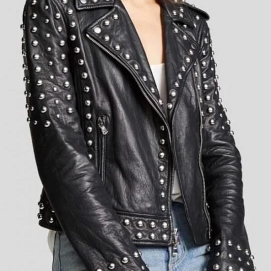 Women Black Sheepskin Leather Black Studded Jacket