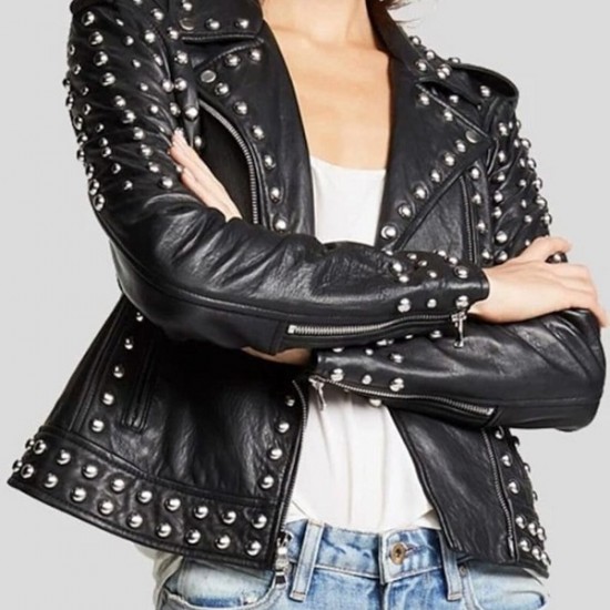 Women Black Sheepskin Leather Black Studded Jacket