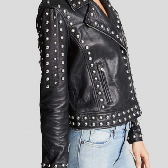 Women Black Sheepskin Leather Black Studded Jacket