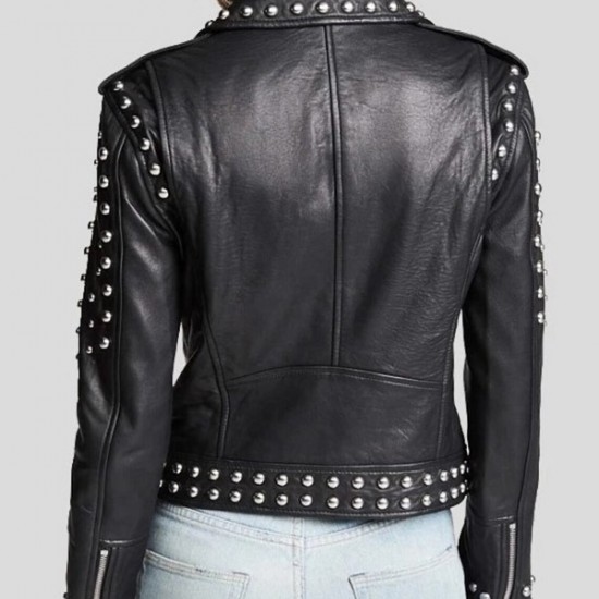 Women Black Sheepskin Leather Black Studded Jacket