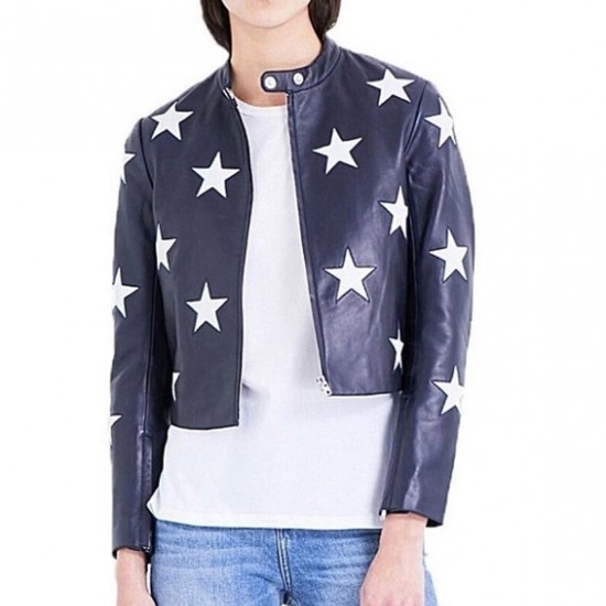 Women Blue Motorcycle White Star Patches Short Biker Leather Jacket