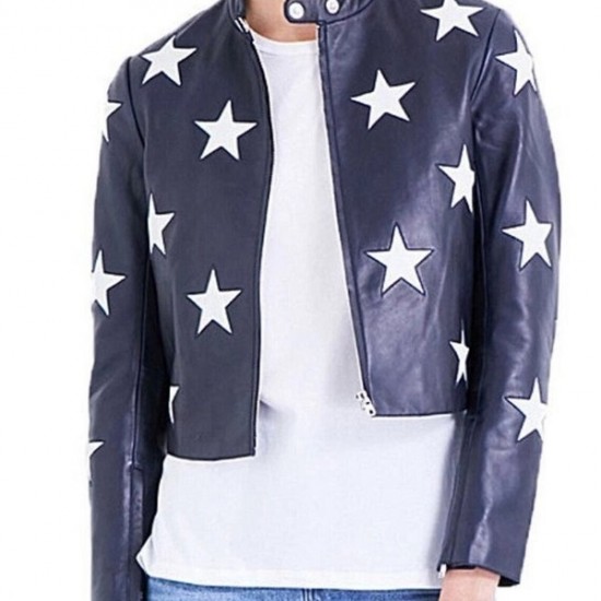 Women Blue Motorcycle White Star Patches Short Biker Leather Jacket