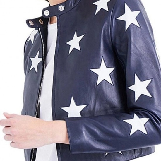 Women Blue Motorcycle White Star Patches Short Biker Leather Jacket