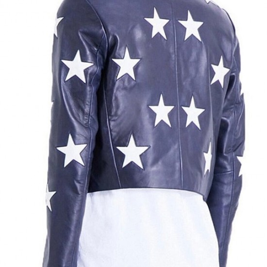 Women Blue Motorcycle White Star Patches Short Biker Leather Jacket