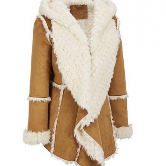 Women Brown Suede Leather Fur Hooded Shearling Coat