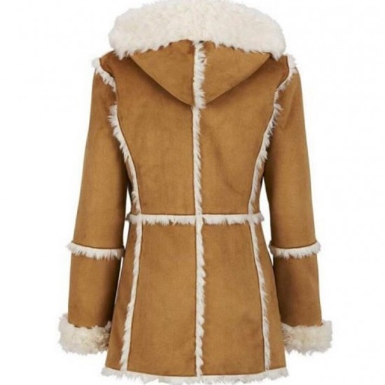 Women Brown Suede Leather Fur Hooded Shearling Coat