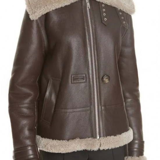 Women Genuine Shearling Brown Aviator Jacket