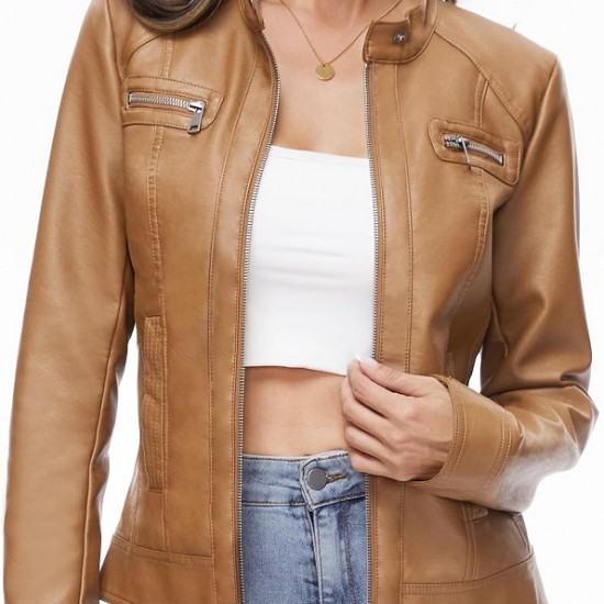 Women Motorcycle Faux PU Moto Biker Jacket