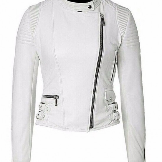 Women White Moto Biker Slim Fit Leather Jacket