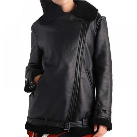 Women's Black Leather Aviator Jacket