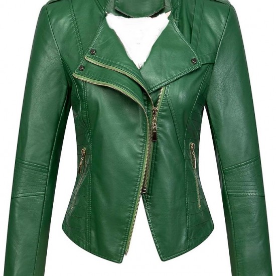 Women's Candy Color Asymmetric Zip Slim Faux Leather Cropped Moto Jacket