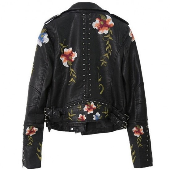 Women's Floral Embroidery Motorcycle Leather Jacket