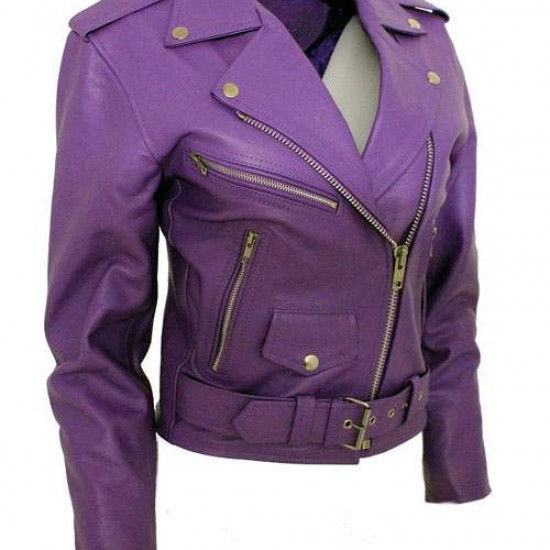 Women's Harley Quinn Stylish Brando Purple Leather Biker Jacket