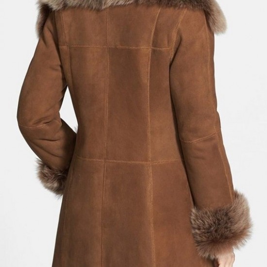 Womens Brown Stylish Suede Leather Shearling Coat