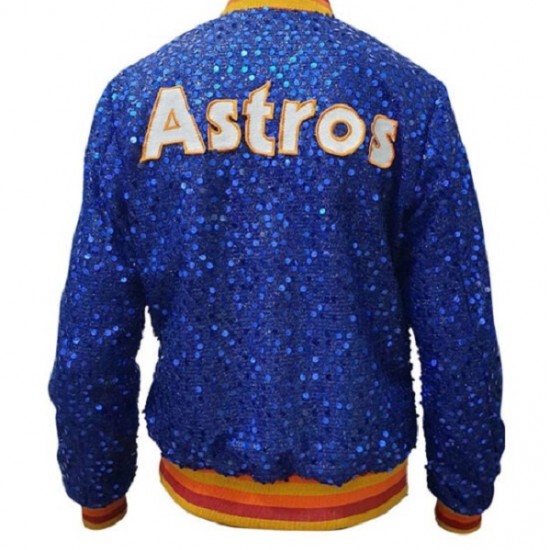 Womens Houston ASTROS SEQUIN Jacket Bomber Sparky Glitter Moon light Blue Jacket