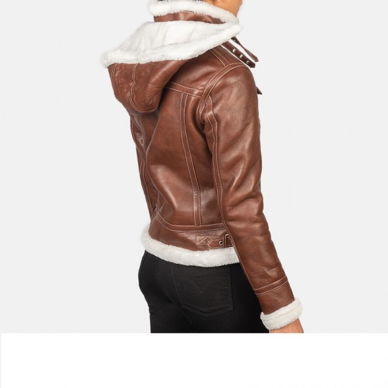 Womes Brown Hooded Shearling Leather Jacket