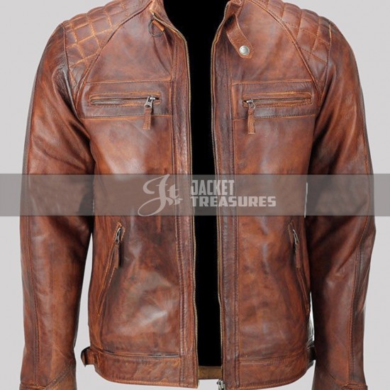 New Men's Motorcycle Vintage Brown Distressed Classic Diamond Jacket