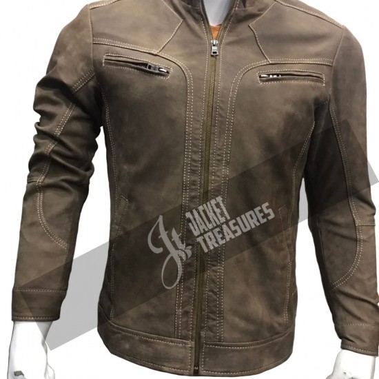 New Men's Stylish Stitch Cafe Racer Motorcycle Camel Color Jacket