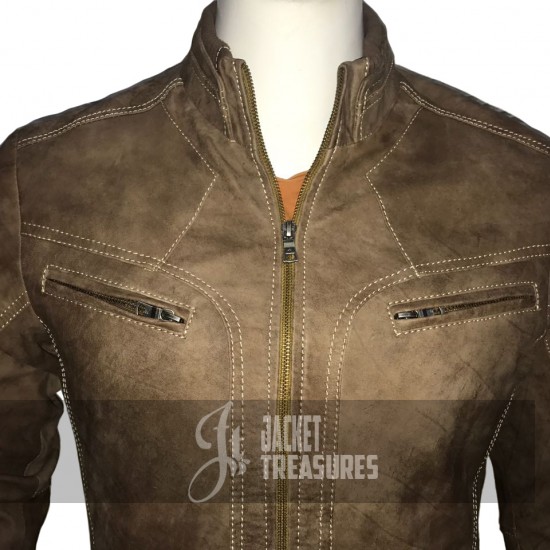 New Men's Stylish Stitch Cafe Racer Motorcycle Camel Color Jacket