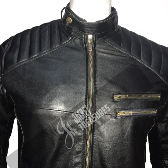 New Men's Vintage Cafe Racer Motorcycle Black Jacket