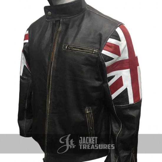 UK Flag Cafe Racer Vintage Style Distressed Brown Leather Jacket