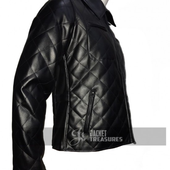 New Mens Quilted Diamond Black Leather Jacket