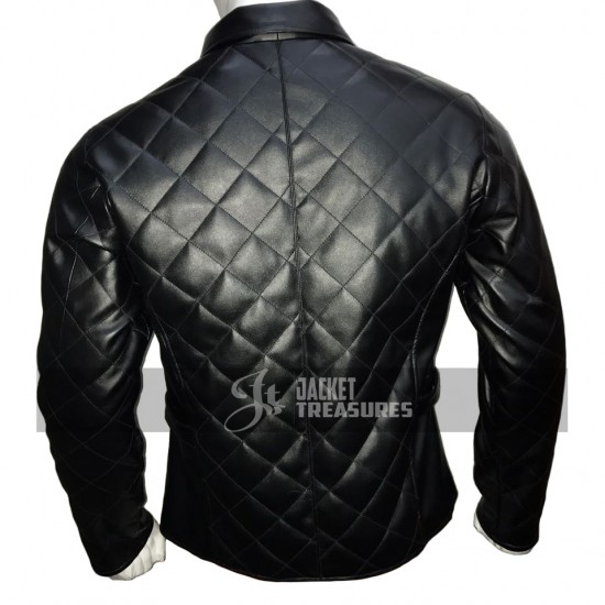 New Mens Quilted Diamond Black Leather Jacket