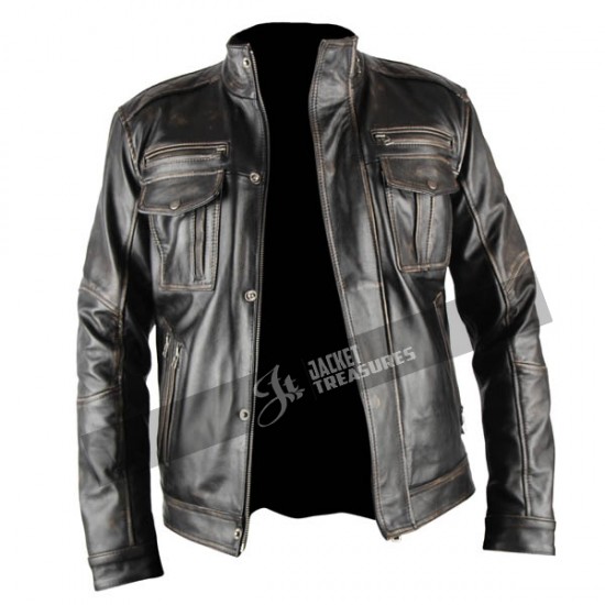 Mens Infinity Distressed Black Leather Jacket