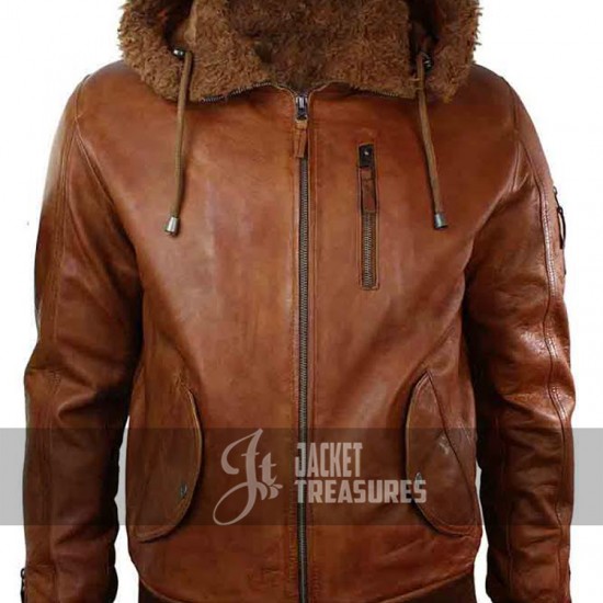 Mens Retro Brown Hooded Fur Real Leather Bomber Jacket