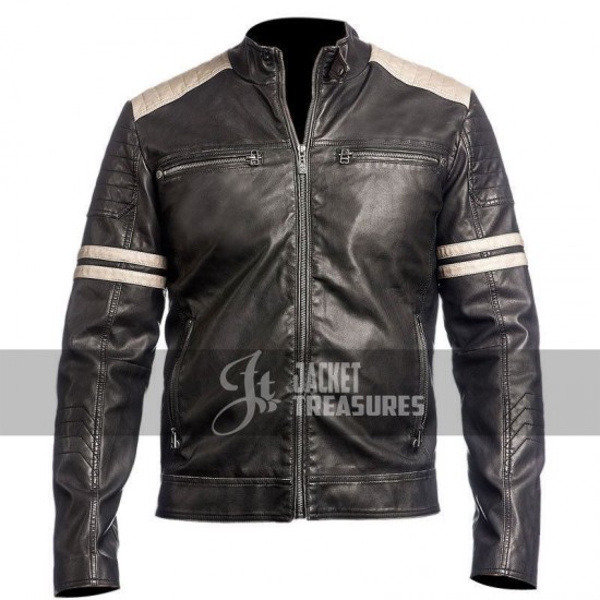 New Men's Black Slim Fit Cafe Racer Vintage Motorcycle Jacket