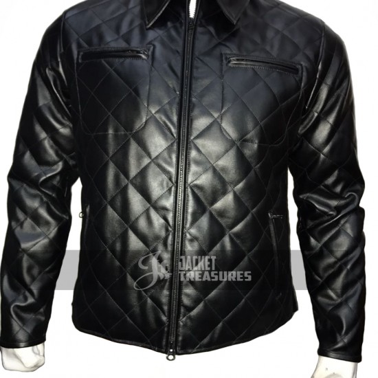 New Mens Quilted Diamond Black Leather Jacket