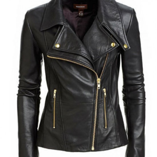 New Women's Black Slim Fit Biker Style Real Leather Jacket